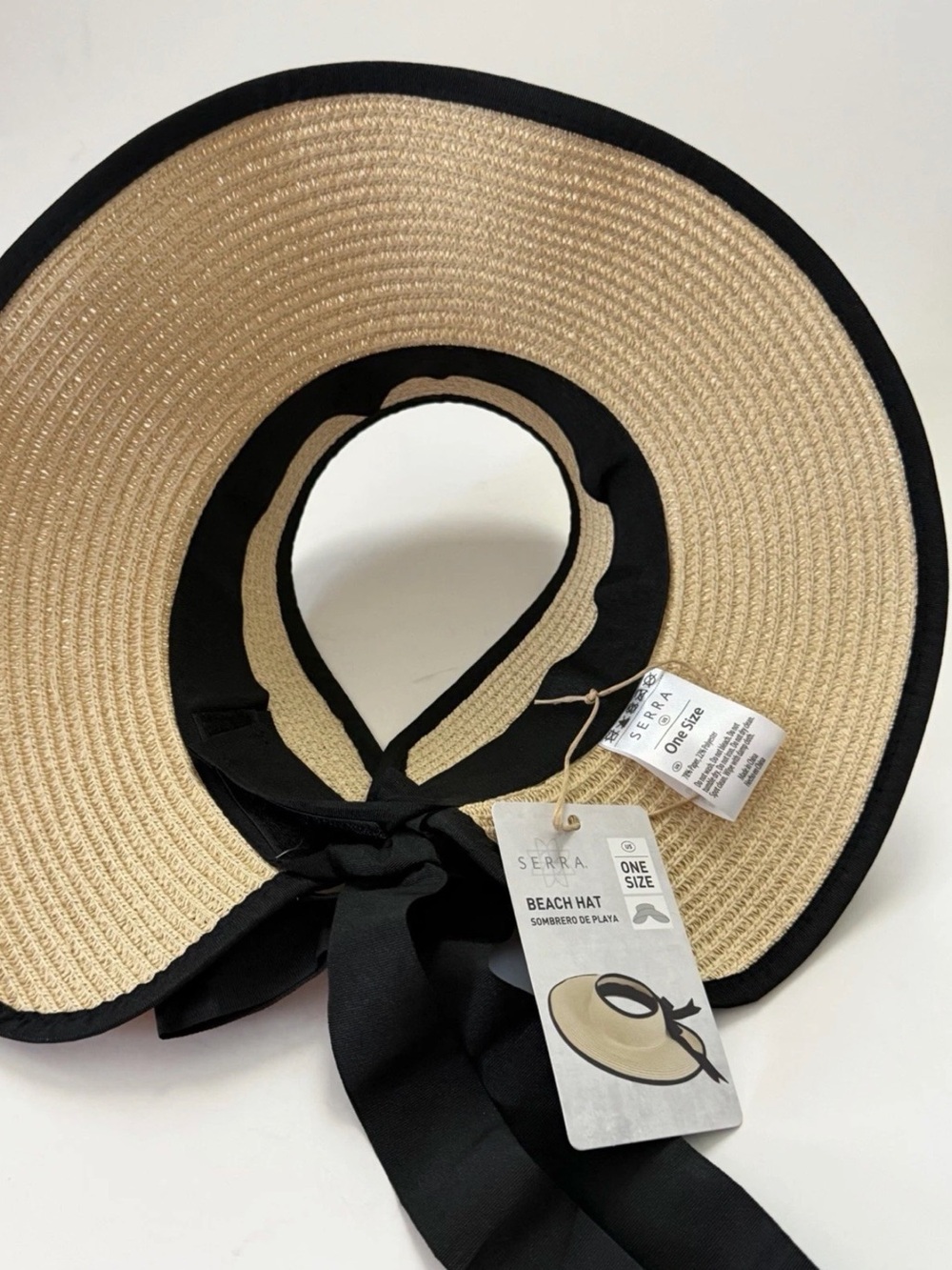 Serra Wide Brim Visor Beach Hat Beige Black Bow Women's Paper Polyester One Size - Picture 8 of 9
